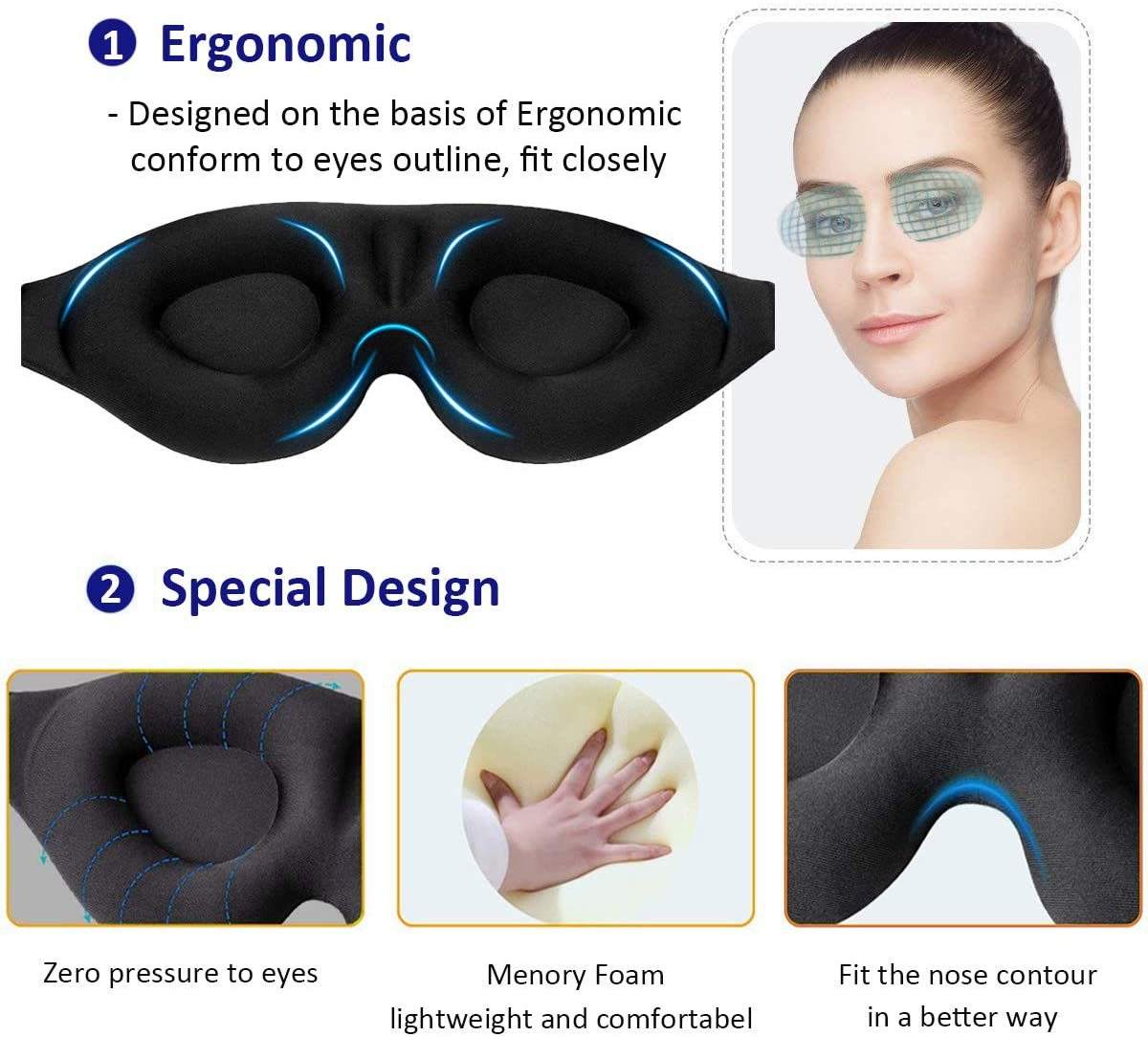 3D Memory Foam Sleep Mask – Adjustable, Light Blocking Eye Mask for Deep Sleep & Travel